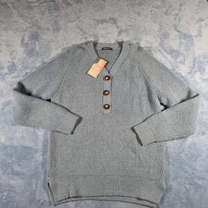 BTFBM Women’s Large Blue Gray Henley V-Neck Knit Pullover Sweater NWT